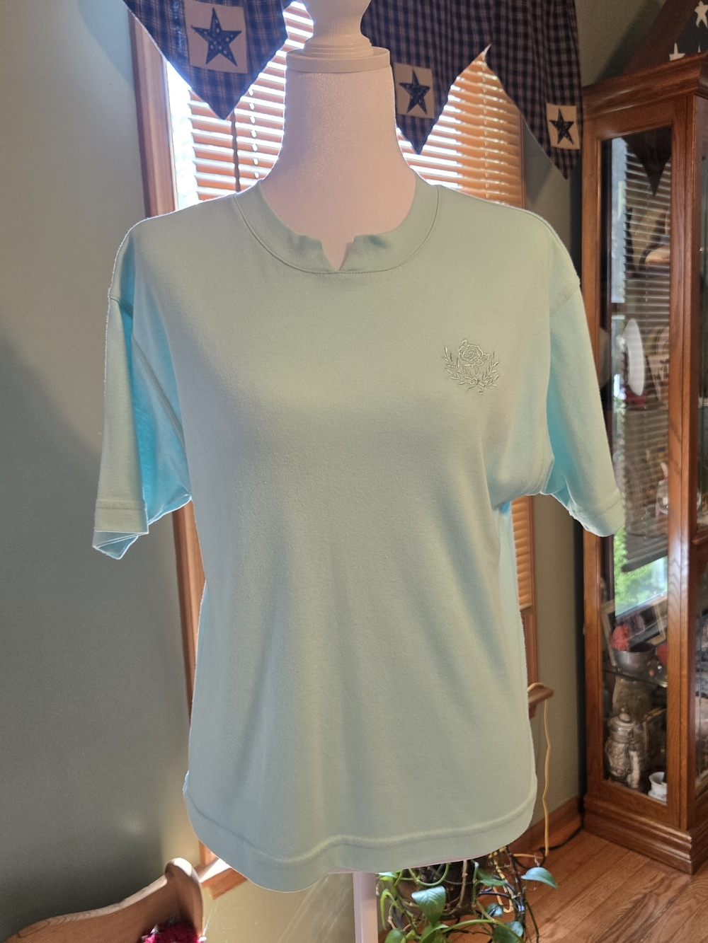 Diversity Sport Light Aqua Crew-v-neck Tee with Embroidered Crest Women's petite